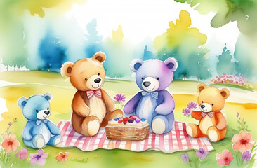 Toy bear family picnic on the flower lawn isolated. Watercolor weekend of mother and father bears with their kids. Lovely cartoon lunch in the park painting. 