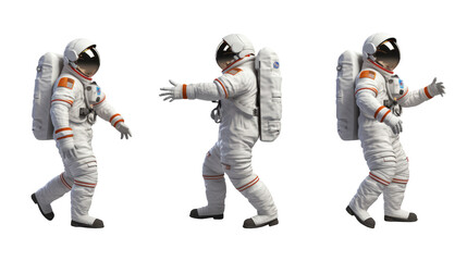 Astronauts in spacesuits set in different poses isolated on transparent and white background - Powered by Adobe