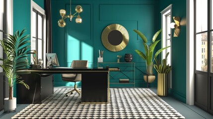 Interior Design Mockup: An art deco-inspired office space with bold geometric patterns, brass accents, a sleek black desk, and vibrant teal walls