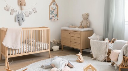 Interior Design Mockup: A Scandinavian nursery with pastel colors, natural wood furniture, whimsical animal motifs, and soft, plush textiles