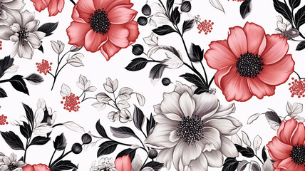 floral pattern with black lines and white background - obrazy, fototapety, plakaty