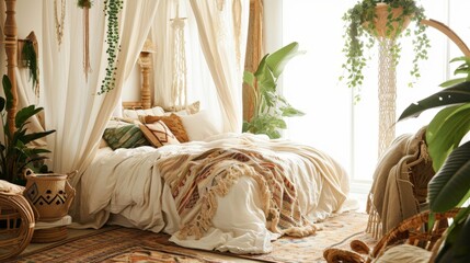 Interior Design Mockup: A bohemian chic bedroom featuring a canopied bed, layered rugs, an assortment of potted plants, and warm, earthy tones
