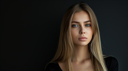 Beautiful young female model on a dark background with perfect skin, portrait of a blonde girl of model appearance with straight hair