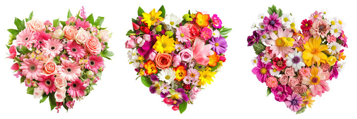 Three vibrant heart-shaped flower arrangements with varied blooms isolated on transparent background, ideal for Valentine's Day or romantic celebrations
