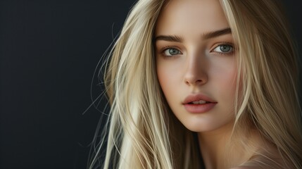 Fototapeta premium Beautiful young female model on a dark background with perfect skin, portrait of a blonde girl of model appearance with straight hair