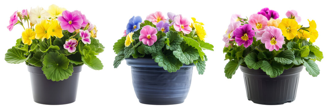 Vibrant pansy flowers in assorted colors presented in three different pots isolated on a transparent background, ideal for gardening and springtime concepts