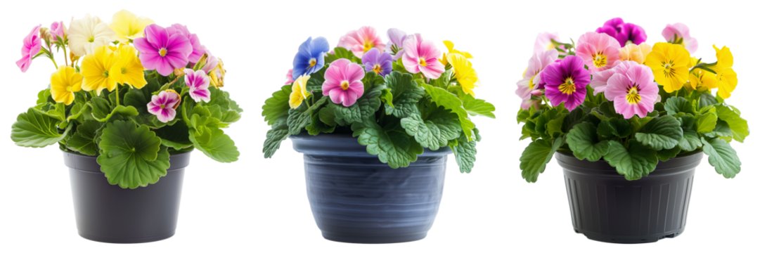 Vibrant pansy flowers in assorted colors presented in three different pots isolated on a transparent background, ideal for gardening and springtime concepts