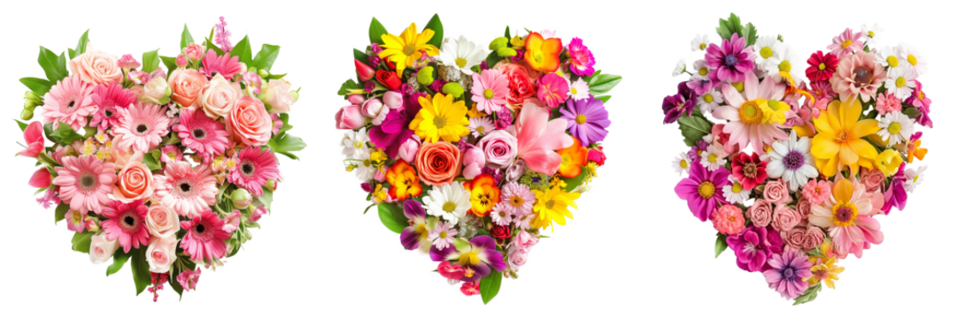 Three vibrant heart-shaped flower arrangements with varied blooms isolated on transparent background, ideal for Valentine's Day or romantic celebrations
