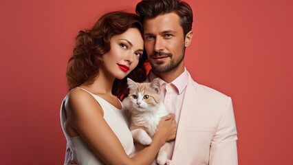 Fototapeta na wymiar Love Unleashed: Engaged Couple with Cute Cat for Advertising Photo