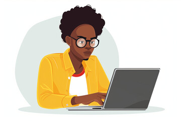 An image of a young African American entrepreneur working on a laptop, african american people drawings, flat illustration