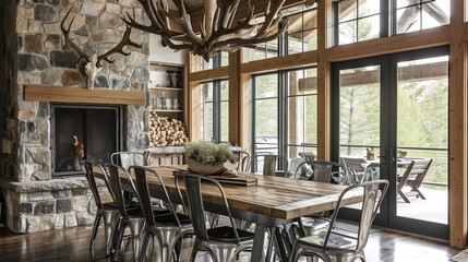 Naklejka premium Interior Design Mockup: A rustic dining area with a reclaimed wood table, industrial metal chairs, an antler chandelier, and a stone fireplace
