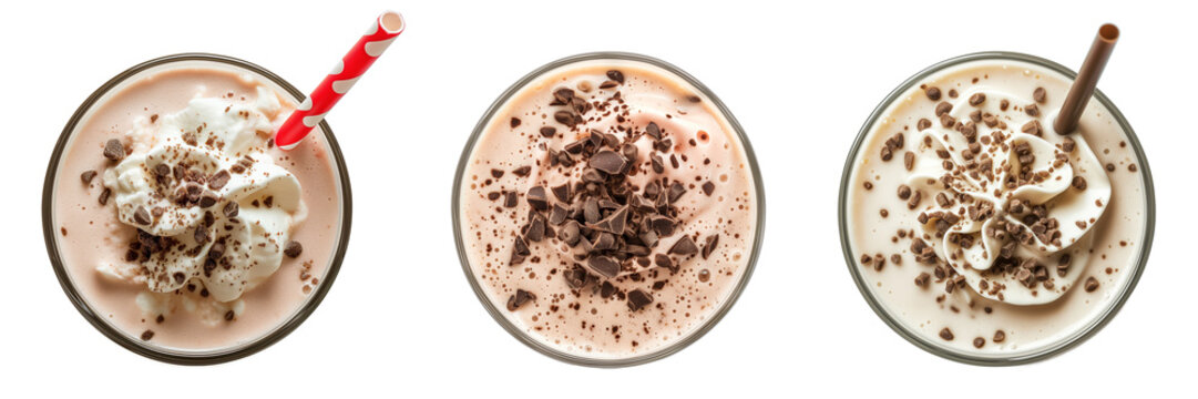 Three different chocolate milkshakes with whipped cream and chocolate chip toppings, isolated on a transparent background, perfect for dessert menus or summer promotions