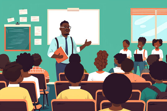 A drawing of an African American teacher in a classroom with students, african american people drawings, flat illustration