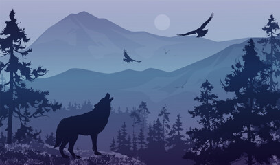Mountain landscape with wolf and flying birds, vector illustration