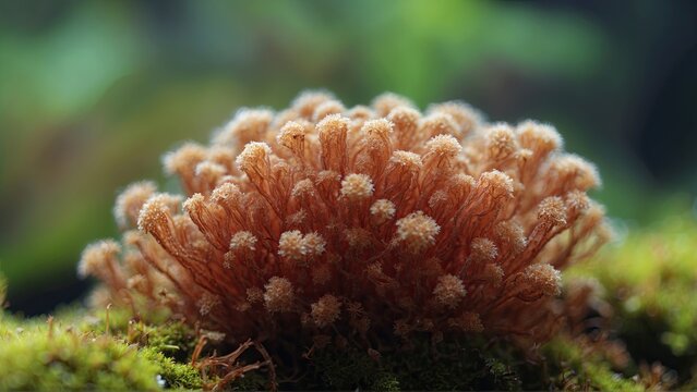 Mushroom on a green moss in the forest. Close up. Generative AI 