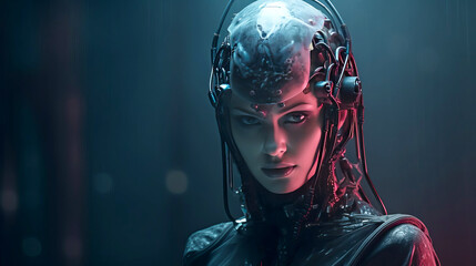 Cinematic image of a cyberpunk female bionic robot wearing a mask. Game character, science fiction. Medium frame, fog, dark key, neon light.