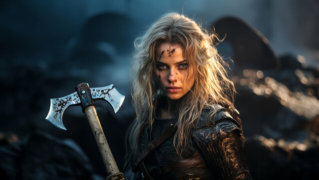 Blonde Viking woman with blue eyes and a bloody face is armed with a hand axe