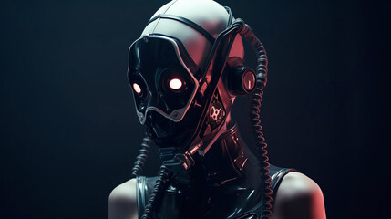A cinematic image of a female bionic robot in cyberpunk style wearing a mask and hood with glowing eyes. Game character, science fiction. Medium frame, fog, dark key, neon light, hoses, wires.