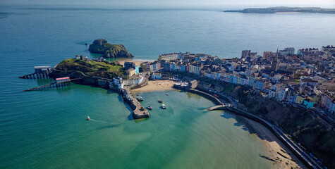 An aerial view of the beach, harbour and town of Tenby in Pembrokeshire South Wales UK