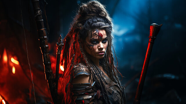 Female barbarian shaman with dreadlocks and war paint with bow and stick against a mystical foggy background