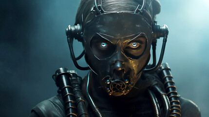 A cinematic image of a female bionic robot in cyberpunk style wearing an iron mask with glowing eyes. Game character, science fiction. Medium shot, fog, dark key, hoses, wires.