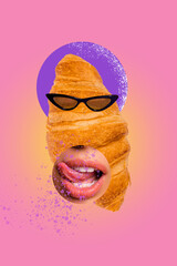 Vertical collage image illustration creative caricature cool croissant eyewear lick lips tasty delicious bakery bun pink background