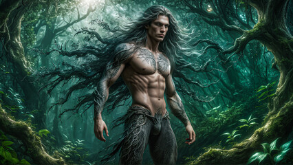 Male trained forest elf with bare torso merges with the forest in the background