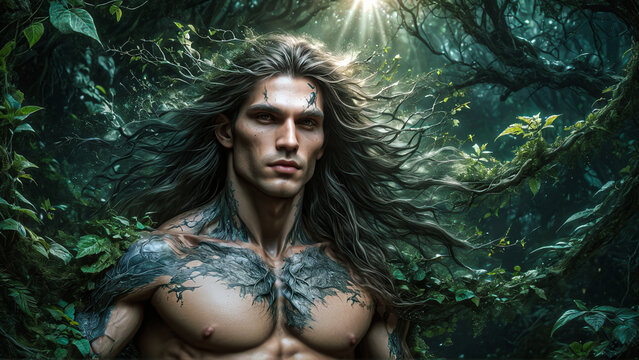 Male trained forest elf with bare torso merges with the forest in the background