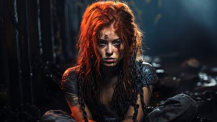 Sad and bloody red-haired girl sits cross-legged in chains on the dirty floor