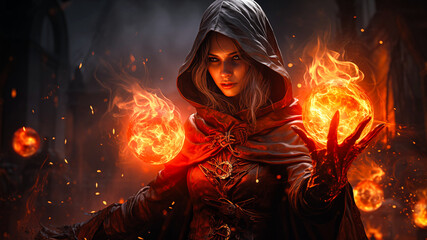 Young female sorceress plays with forbidden black magic and glowing fireballs - obrazy, fototapety, plakaty