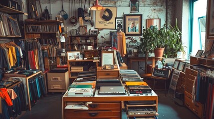 Vintage Record Shop Interior with Various Items