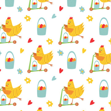 Happy Easter seamless pattern with easter eggs, easter bascket, easter egg hunt, and happy chicken on scooter. Beautiful background, great for Easter Cards, banner, textiles, wallpapers - cartoon vect