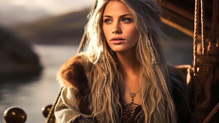 Beautiful young blonde Viking discovers the world on a Viking ship