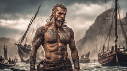 Muscular Viking with long blonde hair and a tattooed naked torso in front of a fjord landscape