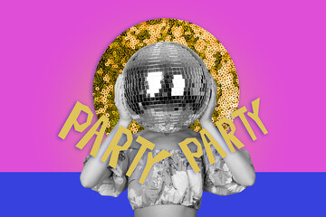 Composite collage picture image of funny female cover hide face disco ball enjoy party have fun weird freak bizarre unusual fantasy
