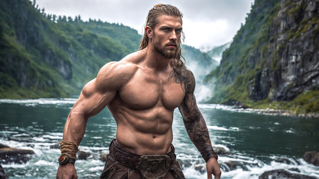 Muscular Viking with long blonde hair and a tattooed naked torso in front of a fjord landscape