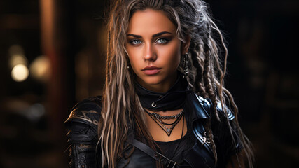 Beautiful young blonde Viking woman with piercings and dreadlocks and a cheeky look wears leather armor and jewelry - obrazy, fototapety, plakaty