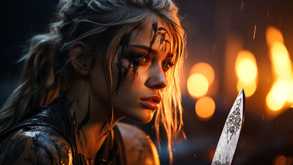 Blonde young warrior with bloody face holding a dagger and looking sad and lost against burning background