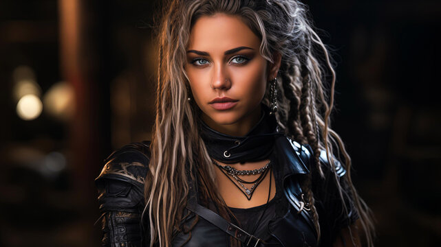 Beautiful young blonde Viking woman with piercings and dreadlocks and a cheeky look wears leather armor and jewelry