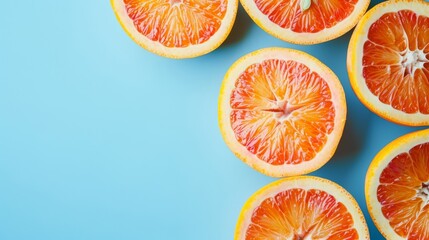 Sliced oranges arranged on a blue background with space on the right.