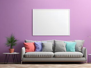 Beautiful living room with sofa and large blank canvas sizes mockup in the wall