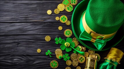 St. Patrick's Day themed top hat, bow tie, and confetti on a wooden background.