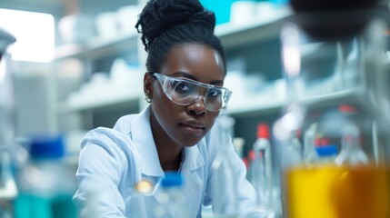 Fototapeta na wymiar African American scientist in lab coat and safety glasses in laboratory.