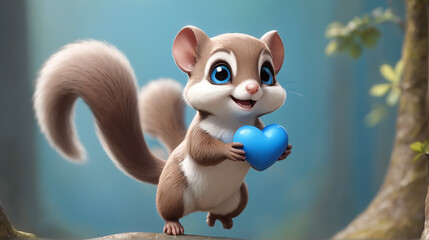 Naklejka premium Whimsical Flying Squirrel Grasps a Blue Heart in Chris LaBrooy's 3D Marvel AI GENERATED