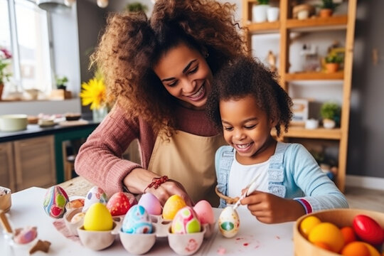 Mom and daughter are painting eggs. concept of a happy Easter.