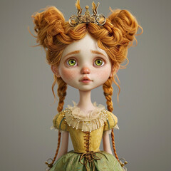A doll-like girl with large green eyes, intricate braided auburn hair crowned with a delicate gold tiara, wearing a vintage green and gold dress
