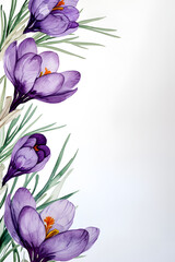 Elegant watercolor crocuses in shades of purple with delicate orange stamens, gracefully positioned against a soft, white background with ample negative space.