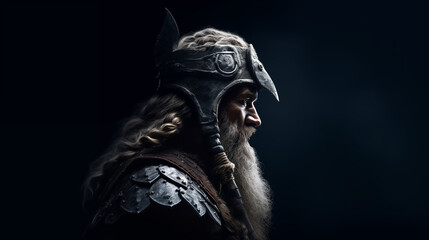 Portrait d'un vieux roi viking en armure. Profil visage d'un guerrier sur fond noir.