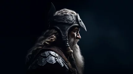 Foto op Canvas Portrait d'un vieux roi viking en armure. Profil visage d'un guerrier sur fond noir. © Mind Prod