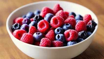 A bowl of berries is gathered on the table.
